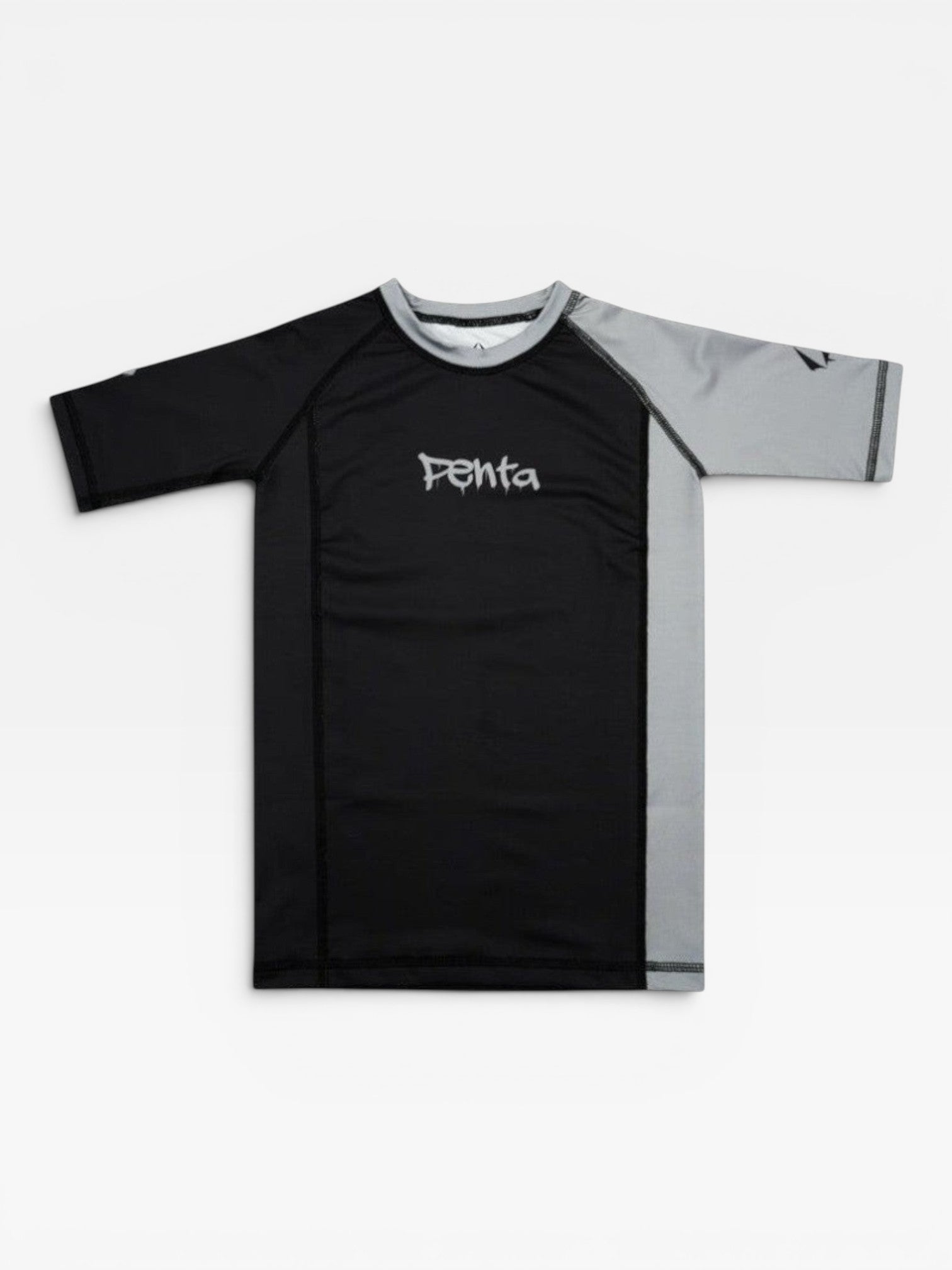 Rashguard de criança Penta Kimonos preta e cinzenta em lycra respirável para treinos de jiu-jitsu e artes marciais